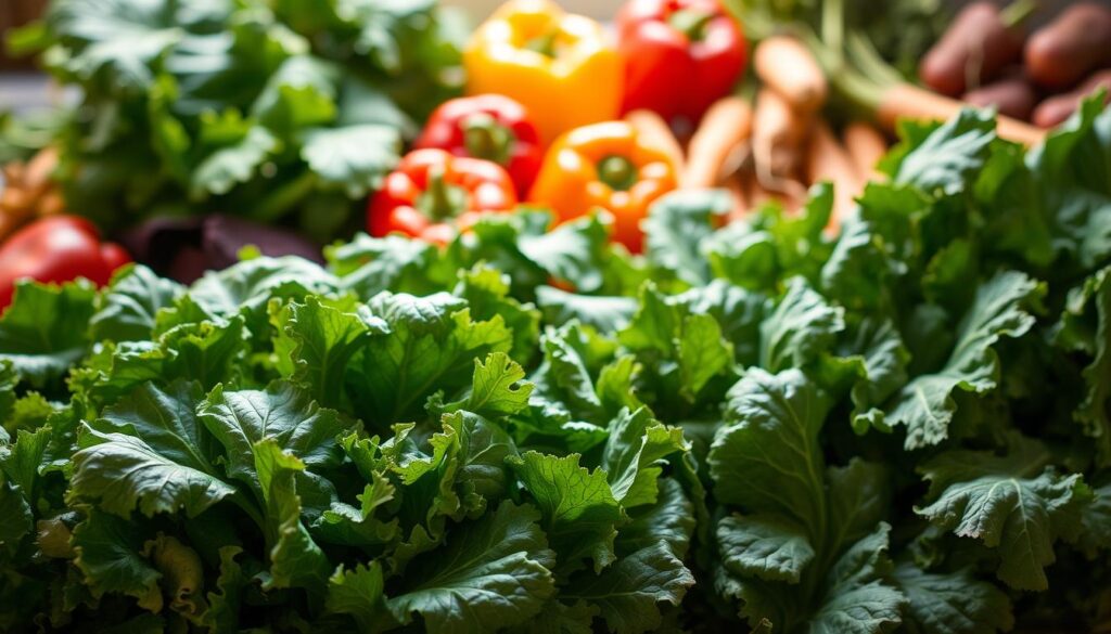 A bountiful still life of nutrient-rich vegetables, illuminated by warm, natural lighting. In the foreground, a vibrant array of leafy greens, including kale, spinach, and Swiss chard, their emerald hues catching the soft glow. In the middle ground, a selection of vibrant bell peppers in shades of red, yellow, and orange, their glossy skin reflecting the light. In the background, a scattering of earthy root vegetables, such as carrots, beets, and radishes, their earthy tones complementing the brighter produce. The overall composition conveys a sense of abundance, health, and the bounty of the earth, captured with a crisp, high-resolution lens.