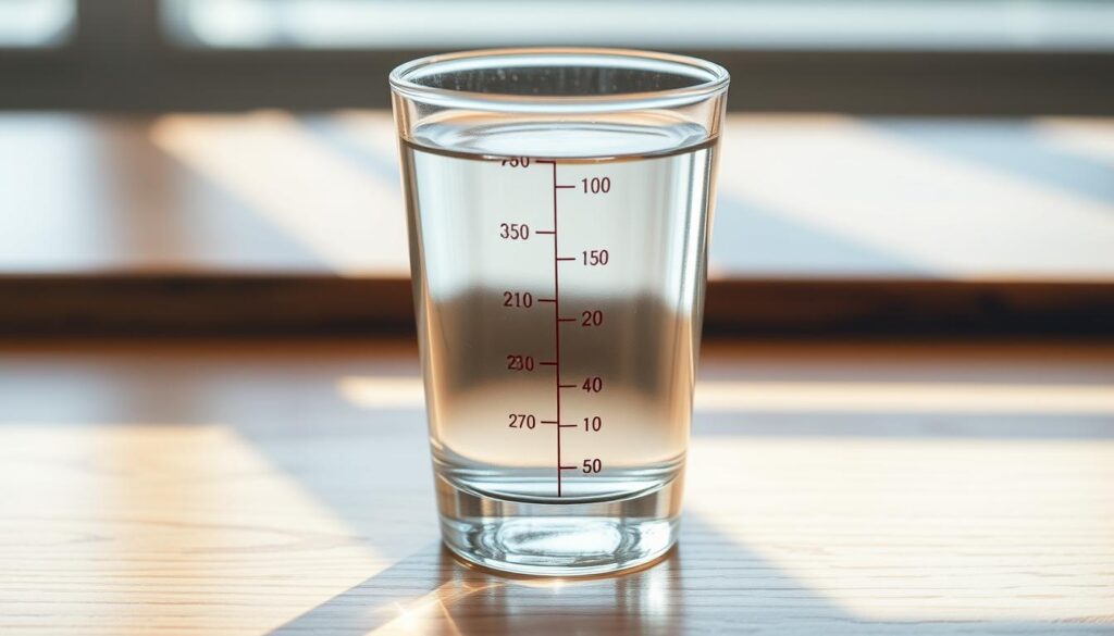 A glass of clear water resting on a wooden table, reflecting the amount of liquid inside. The water level is represented by a precise numerical scale, showcasing the ideal quantity of water per body weight for a balanced, healthy lifestyle. Warm, natural lighting casts soft shadows, creating a serene, minimalist atmosphere. The image is captured from a slightly elevated angle, emphasizing the simplicity and importance of proper hydration. The overall composition is clean and uncluttered, allowing the viewer to focus on the central message of understanding the optimal water intake for well-being.