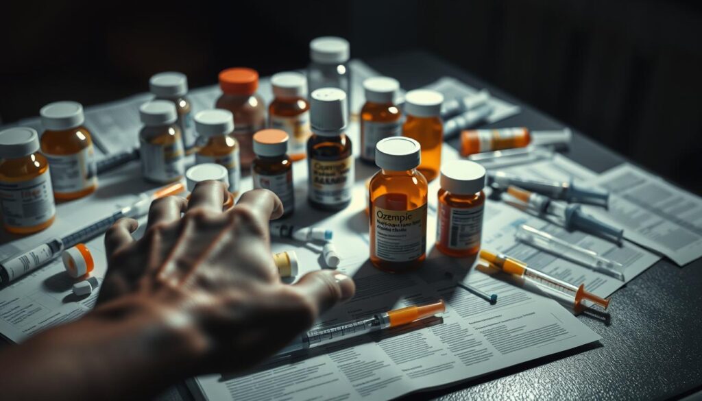 A high-contrast, cinematic rendering of a table covered in various prescription medication bottles, syringes, and documents with headlines about the controversies surrounding the use of Ozempic. The scene is bathed in dramatic, moody lighting, creating an atmosphere of tension and uncertainty. In the foreground, a hand reaches out, grasping one of the bottles, hinting at the ongoing debates and concerns about this weight-loss drug. The background is slightly blurred, drawing the viewer's attention to the central elements and the sense of unease they convey.