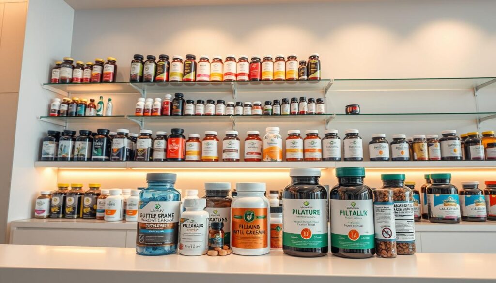 A high-quality supplement display in a modern, well-lit retail setting. An array of glass and metal containers holding various health supplements, arranged neatly on clean, minimalist shelves. Soft, warm lighting casts a gentle glow, highlighting the vibrant colors and textures of the products. In the foreground, a few select items are showcased, their labels and packaging designs clearly visible, conveying a sense of premium quality and attention to detail. The background features a neutral, but visually appealing backdrop, allowing the supplements to take center stage. The overall atmosphere is inviting, professional, and reflective of a reputable, trustworthy health and wellness establishment.