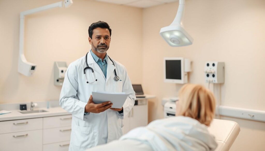 A medical professional in a white coat standing in a well-lit examination room, holding a clipboard and gesturing towards a patient seated on an examination table. The room has clean, modern medical equipment and surfaces, conveying a sense of professionalism and care. The lighting is warm and inviting, creating a calm and reassuring atmosphere. The doctor's expression is one of attentiveness and empathy, reflecting the importance of essential medical supervision and guidance.