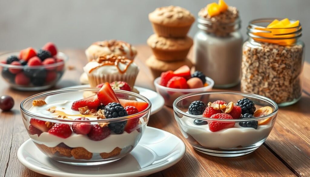 A vibrant and visually appealing arrangement of various healthy desserts on a rustic wooden table, bathed in soft, natural lighting. In the foreground, a glass bowl filled with colorful fresh berries, layered with creamy yogurt and sprinkled with toasted nuts. Beside it, a plate showcasing a delicate fruit tart with a flaky crust and a drizzle of honey. In the middle ground, a stack of fluffy oat-based muffins, their tops lightly dusted with cinnamon. In the background, a glass jar containing homemade chia pudding, topped with fragrant chopped mango. The overall scene evokes a sense of balance, simplicity, and the joyful celebration of healthy, wholesome indulgence.