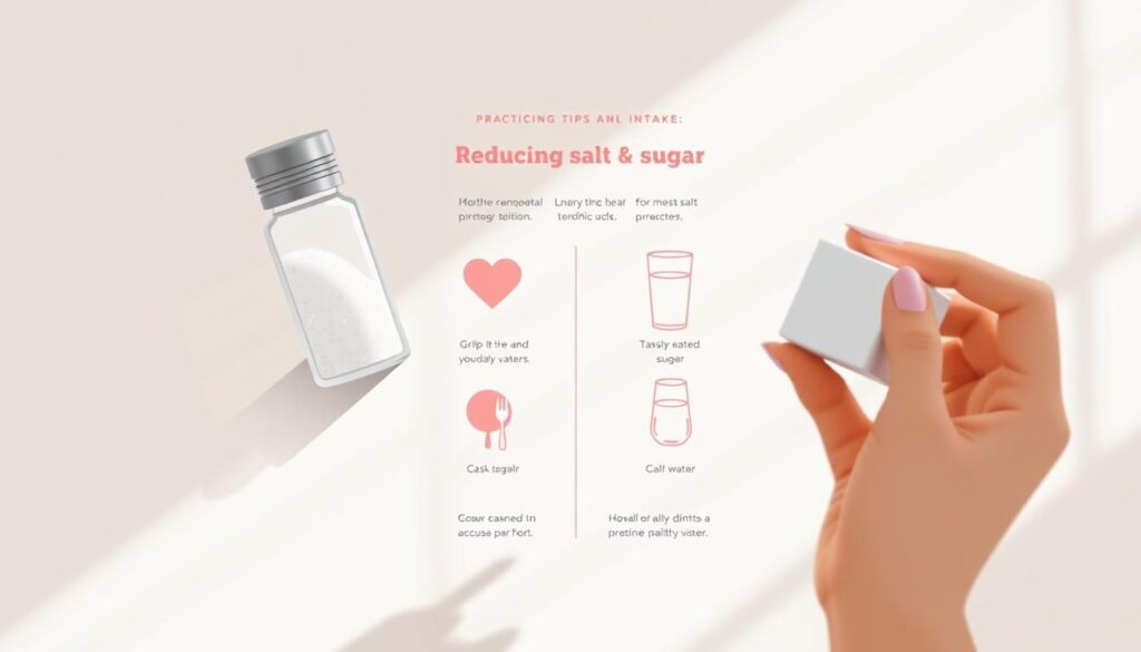A vibrant, minimalist illustration showcasing practical tips for reducing salt and sugar intake. In the foreground, a stylized hand holds up a saltshaker and a sugar cube, casting playful shadows. The middle ground features a clean, crisp background with simple icons like a heart, fork, and glass of water, highlighting healthy eating concepts. The overall atmosphere is informative yet visually engaging, with soft, natural lighting and a muted color palette to convey a sense of wellness and balance.