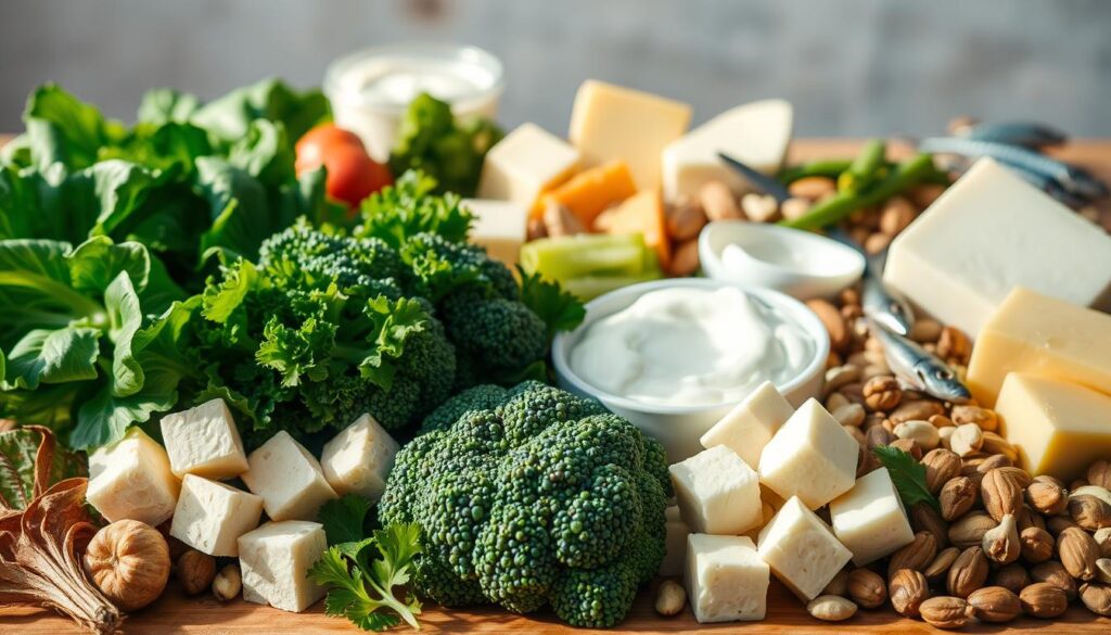 A vibrant still life capturing a diverse array of vegetable and animal calcium sources. In the foreground, a selection of leafy greens, broccoli, and tofu cubes. In the middle ground, an assortment of dairy products like cheese and yogurt. In the background, a variety of nuts, seeds, and small fish. Warm, natural lighting illuminates the scene, casting soft shadows and highlighting the textures of the ingredients. The arrangement is balanced and visually appealing, inviting the viewer to consider the wide range of calcium-rich foods available from both plant-based and animal-based sources.