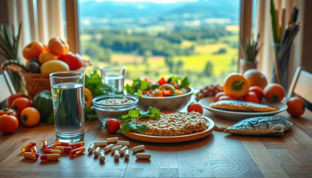 A well-balanced and nutritious meal on a clean wooden table, with a vibrant assortment of fresh fruits, vegetables, whole grains, and lean proteins. The scene is bathed in warm, natural lighting, casting a soft, inviting glow. In the foreground, a glass of water and a variety of supplements, such as multivitamins and omega-3 capsules, symbolize the comprehensive approach to maintaining optimal health. The middle ground features a colorful salad, a hearty bowl of whole-grain cereal, and a plate of grilled fish, highlighting the diversity of a balanced diet. In the background, a panoramic view of a lush, serene landscape conveys a sense of well-being and the interconnectedness of healthy eating and a thriving environment.