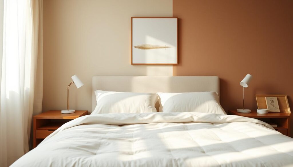 A cozy and organized bedroom, bathed in warm, natural light filtering through sheer curtains. A minimalist, scandinavian-inspired design, with a pristine white bed adorned with plush, neutral-toned bedding. Wooden nightstands on either side, each with a sleek, modern lamp casting a soft glow. An accent wall in a soothing, earthy tone provides a calming backdrop, complemented by a simple, yet elegant piece of abstract wall art. The space exudes a sense of tranquility and serenity, inviting the viewer to unwind and recharge in a harmonious, well-curated environment.