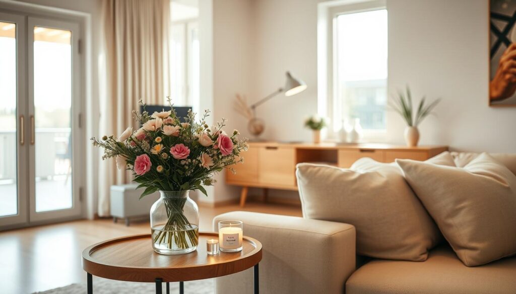 A cozy, well-lit interior of a modern, minimalist living room with clean lines and natural wood accents. The room is bathed in warm, soft lighting, creating a serene and inviting atmosphere. On a wooden side table, a fragrant bouquet of fresh flowers and a scented candle emit a pleasant, subtle aroma that fills the space. The room's large windows allow natural daylight to stream in, illuminating the room's neutral color palette and plush furnishings. The overall scene conveys a sense of tranquility and comfort, perfectly capturing the essence of a "casa cheirosa" or a pleasant-smelling home.