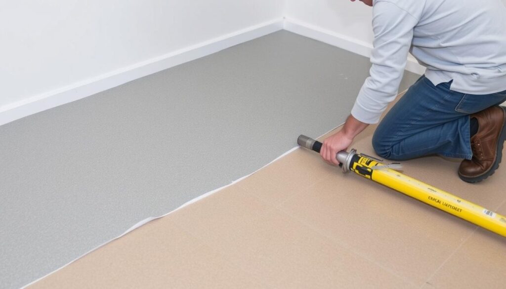 Imagem de um piso sendo revestido com um material adesivo