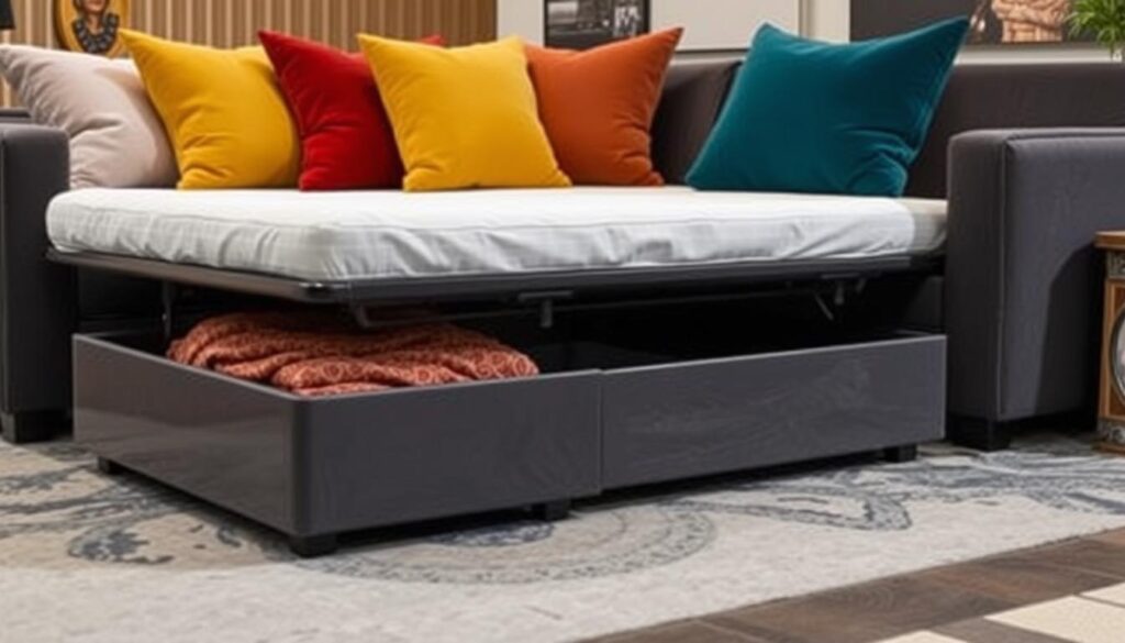 Imagem de um sofá-cama com baú