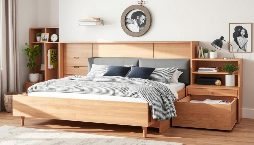 Imagem de uma cama multifuncional com gavetas
