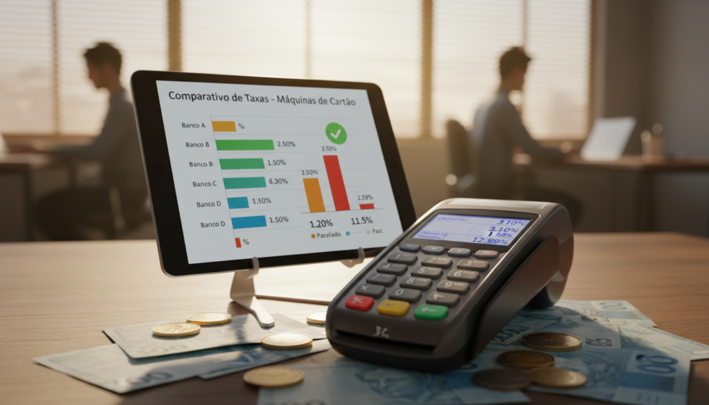 A detailed visual representation for comparing credit card machine fees in Brazil. In the foreground, showcase a modern credit card machine prominently displaying various fee percentages. Surround it with symbols of Brazilian currency, like real banknotes and coins, to emphasize financial aspects. In the middle, incorporate a sleek digital screen or tablet that shows a user-friendly interface comparing different banks' fees, with vibrant, interactive elements. The background should feature a blurred office environment with soft lighting, suggesting a professional atmosphere. Use warm tones to create a welcoming and informative mood. The scene is shot at eye level, with a shallow depth of field, focusing on the credit card machine and tablet, ensuring clarity and engagement without any text or distractions. A detailed visual representation for comparing credit card machine fees in Brazil. In the foreground, showcase a modern credit card machine prominently displaying various fee percentages. Surround it with symbols of Brazilian currency, like real banknotes and coins, to emphasize financial aspects. In the middle, incorporate a sleek digital screen or tablet that shows a user-friendly interface comparing different banks' fees, with vibrant, interactive elements. The background should feature a blurred office environment with soft lighting, suggesting a professional atmosphere. Use warm tones to create a welcoming and informative mood. The scene is shot at eye level, with a shallow depth of field, focusing on the credit card machine and tablet, ensuring clarity and engagement without any text or distractions.