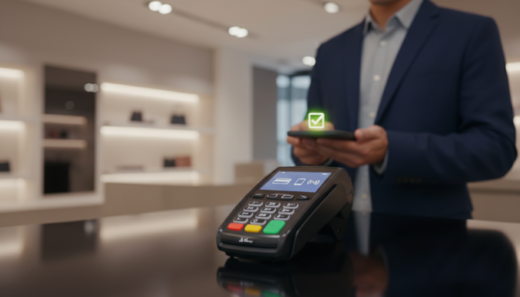 A sleek and modern NFC payment terminal, prominently displayed in the foreground. The device showcases a digital screen with illuminated icons for various payment methods, surrounded by a glossy finish that reflects ambient light. In the middle ground, a professional businessperson in modest attire is holding a smartphone, poised to make a contactless payment. The background features a stylish retail environment with soft lighting, emphasizing a sense of innovation and modernity. The scene conveys a positive and vibrant atmosphere, highlighting the ease of modern payments. A shallow depth of field focuses on the terminal and the phone, blurring the background slightly for emphasis, while warm lighting enhances the inviting mood of financial technology in use. A sleek and modern NFC payment terminal, prominently displayed in the foreground. The device showcases a digital screen with illuminated icons for various payment methods, surrounded by a glossy finish that reflects ambient light. In the middle ground, a professional businessperson in modest attire is holding a smartphone, poised to make a contactless payment. The background features a stylish retail environment with soft lighting, emphasizing a sense of innovation and modernity. The scene conveys a positive and vibrant atmosphere, highlighting the ease of modern payments. A shallow depth of field focuses on the terminal and the phone, blurring the background slightly for emphasis, while warm lighting enhances the inviting mood of financial technology in use.