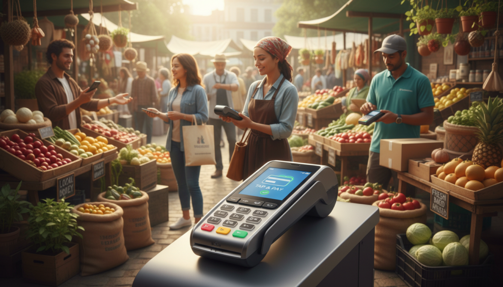 A sleek, modern mobile payment machine is prominently displayed in the foreground, showcasing a user-friendly touchscreen interface with a card reader. Surrounding it, a lively outdoor market scene in the middle ground depicts small business owners interacting with customers, demonstrating the use of the device for transactions. In the background, vibrant market stalls filled with fresh produce and handmade goods create a bustling atmosphere, emphasizing the environment of external sales and delivery services. The image is illuminated by soft, natural lighting, capturing a warm, inviting mood. The angle is slightly elevated to provide a clear view of the payment machine while encompassing the dynamic market activity, presenting a sense of efficiency and modernity in business transactions.