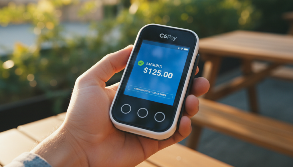 Close-up de uma mão segurando a maquininha C6 Pay SuperMini, design compacto e moderno, ambiente externo iluminado pelo sol, foco nos detalhes do visor digital. Close-up de uma mão segurando a maquininha C6 Pay SuperMini, design compacto e moderno, ambiente externo iluminado pelo sol, foco nos detalhes do visor digital.
