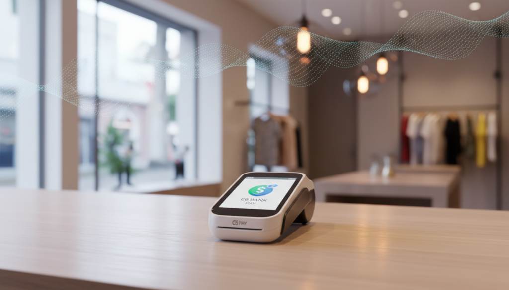 Foto de alta qualidade mostrando uma maquininha C6 Pay sobre um balcão de madeira moderno, com um fundo desfocado de uma loja elegante e iluminação suave, estilo marketing bancário digital. Foto de alta qualidade mostrando uma maquininha C6 Pay sobre um balcão de madeira moderno, com um fundo desfocado de uma loja elegante e iluminação suave, estilo marketing bancário digital.