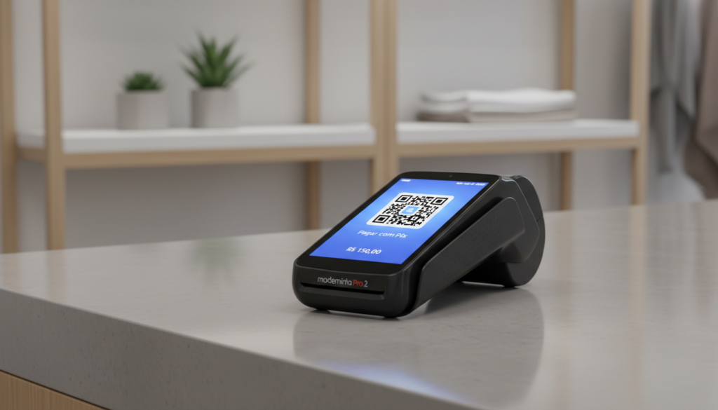 Foto profissional de uma maquininha Moderninha Pro 2 preta em um balcão de loja moderno, tela acesa exibindo QR Code de pagamento, iluminação suave de estúdio, estilo publicitário de alta qualidade. Foto profissional de uma maquininha Moderninha Pro 2 preta em um balcão de loja moderno, tela acesa exibindo QR Code de pagamento, iluminação suave de estúdio, estilo publicitário de alta qualidade.