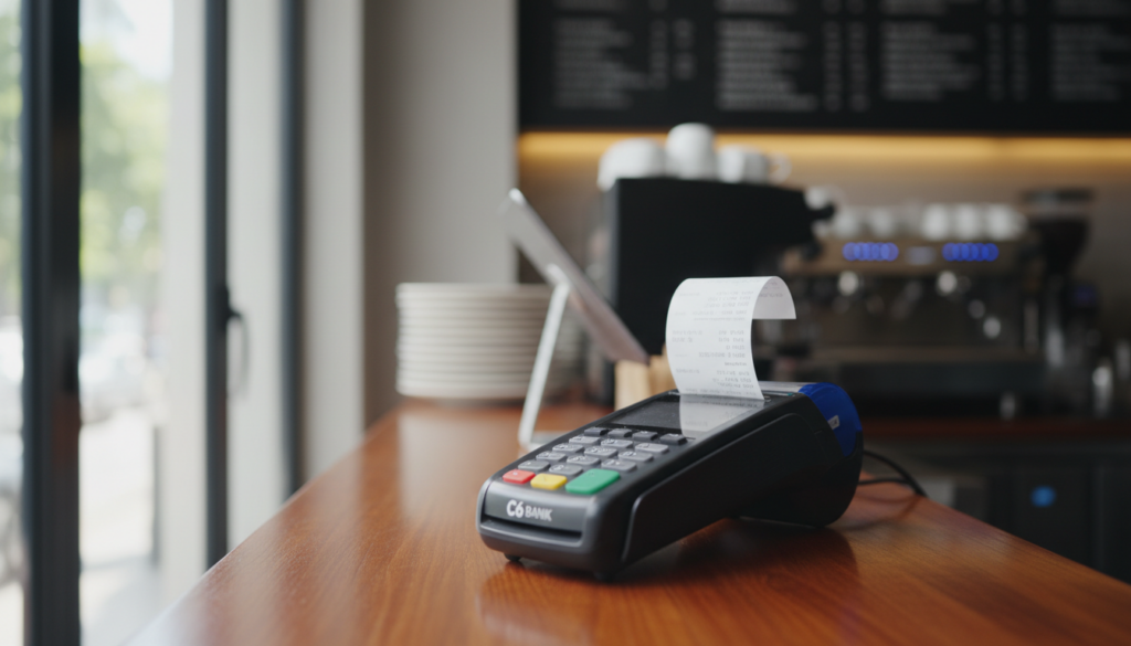 Maquininha C6 Pay Essencial imprimindo um comprovante de papel em um balcão de restaurante, luz natural, estilo profissional e nítido. Maquininha C6 Pay Essencial imprimindo um comprovante de papel em um balcão de restaurante, luz natural, estilo profissional e nítido.