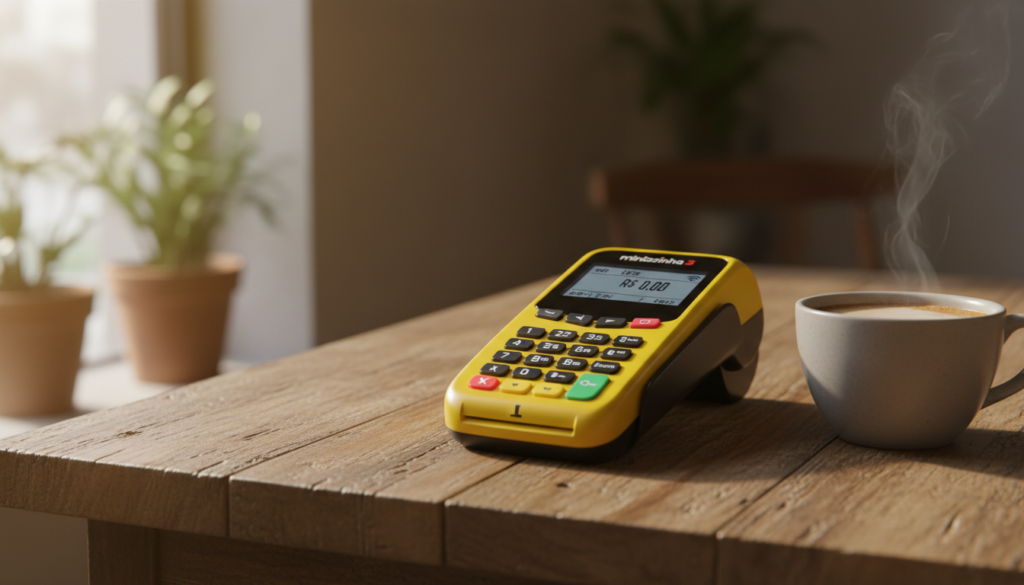 Pequena máquina de cartão Minizinha Chip 3 amarela sobre uma mesa de madeira rústica ao lado de uma xícara de café, luz solar natural, foco nítido no teclado e visor do aparelho. Pequena máquina de cartão Minizinha Chip 3 amarela sobre uma mesa de madeira rústica ao lado de uma xícara de café, luz solar natural, foco nítido no teclado e visor do aparelho.