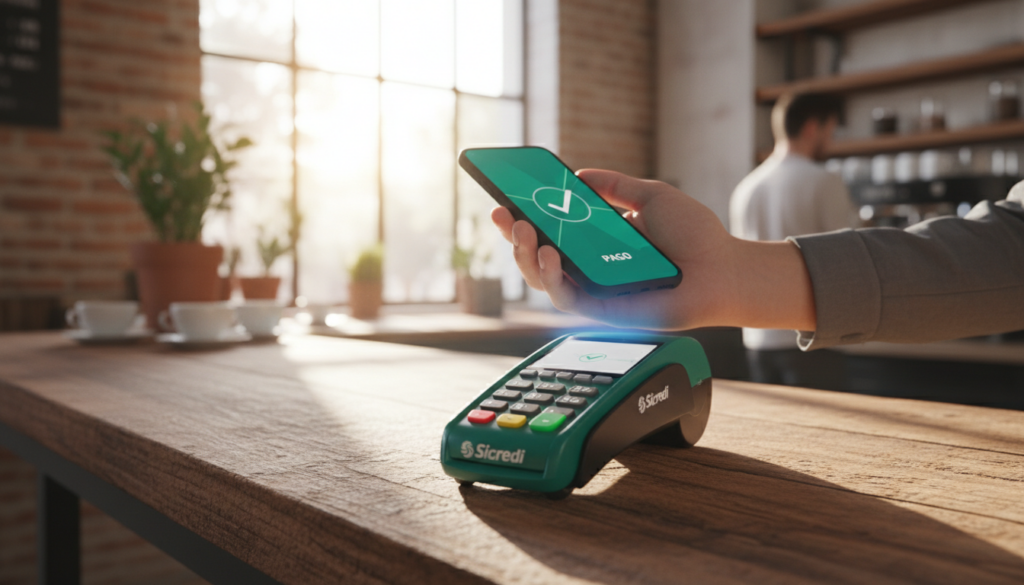 Uma fotografia de alta qualidade de uma máquina de cartão verde do Sicredi sobre um balcão de madeira rústica, com um cliente pagando por aproximação usando um celular, iluminação natural de cafeteria, estilo lifestyle empresarial. Uma fotografia de alta qualidade de uma máquina de cartão verde do Sicredi sobre um balcão de madeira rústica, com um cliente pagando por aproximação usando um celular, iluminação natural de cafeteria, estilo lifestyle empresarial.